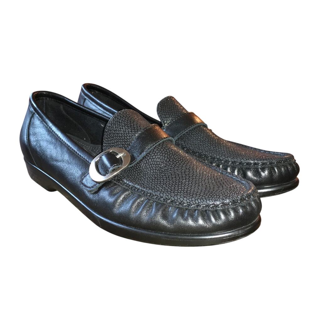 SAS Womens 7.5 Lara Loafers Buckle Strap Slip On Black Leather Embossed Comfort